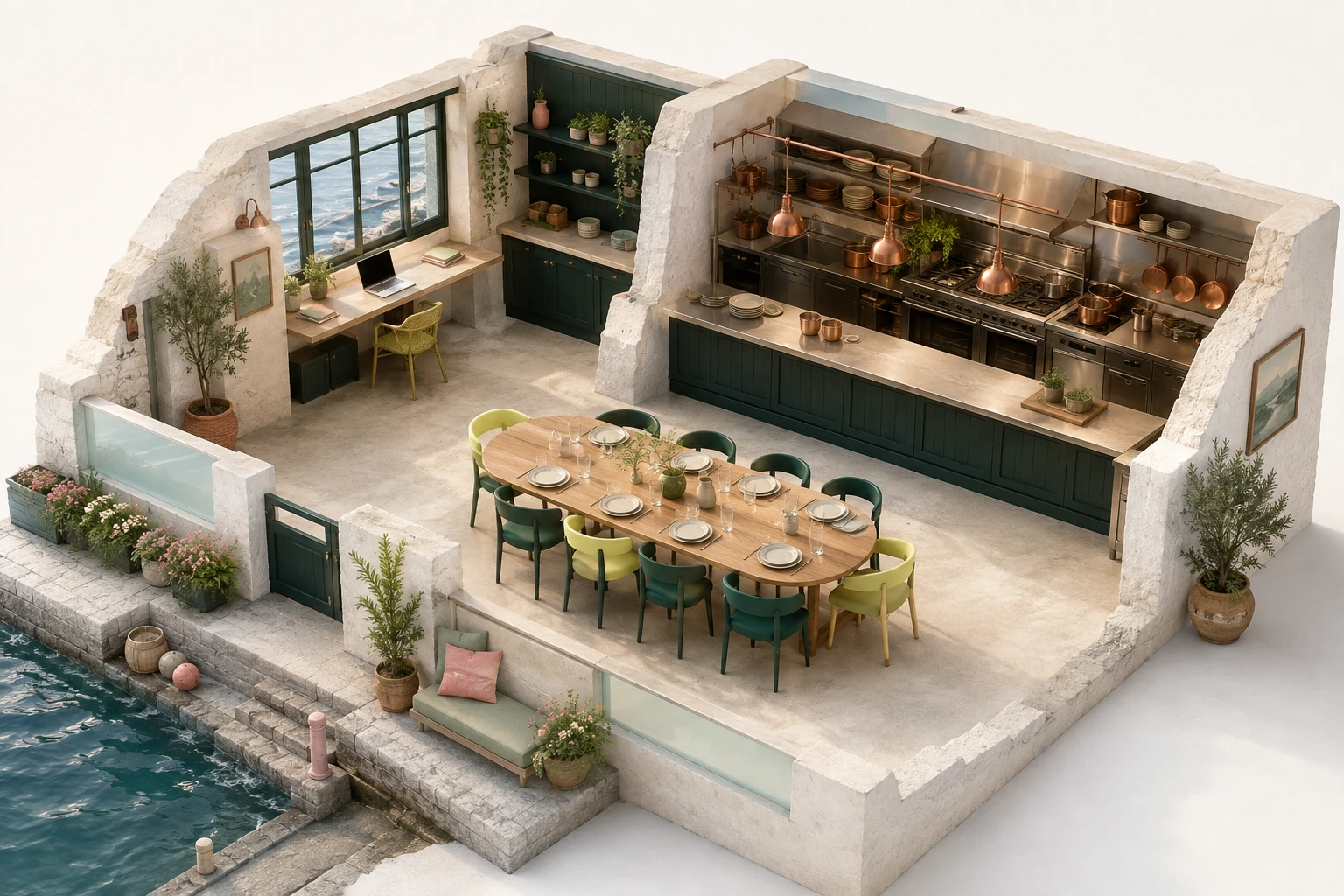 An imagined Cornish harbourside restaurant, with a shared dining table, an open kitchen, and a laptop beside the window.
